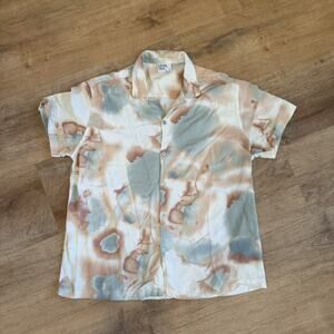 Mens Large/Medium Shirt Earthy Abstract Tie-Dye Grunge Short Sleeve Rayon Soft